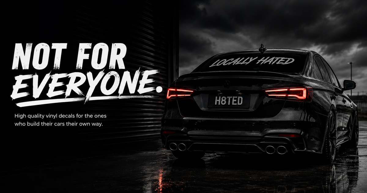 A black car shown from the rear in a dark moody outdoor setting, with large white text on the left reading 'NOT FOR EVERYONE.' and smaller descriptive copy below.